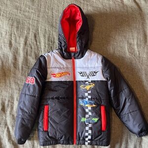Hot Wheels Black and Red Hooded Puffer Jacket with Car Design, Never Worn